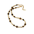 Maillard Style Tiger Eye Pearl Beaded Sweater Necklace, Retro Geometric Round Design For Women view 5