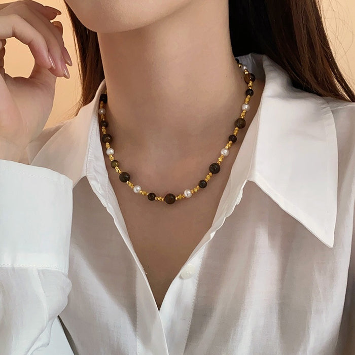 Maillard Style Tiger Eye Pearl Beaded Sweater Necklace, Retro Geometric Round Design For Women