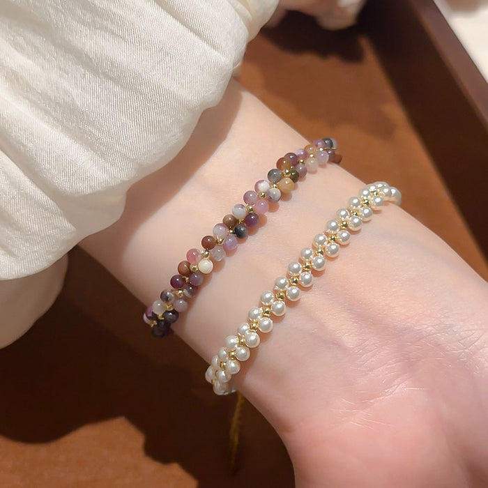 European Court Style Double Layer Agate Pearl Beaded Round Geometric Bangle Bracelet