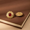 Vintage Gold Alloy Swirl Sunflower Stud Earrings With Red Crystal Center, Elegant Luxury Women's Earrings view 2