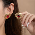 Vintage Gold Alloy Swirl Sunflower Stud Earrings With Red Crystal Center, Elegant Luxury Women's Earrings view 1