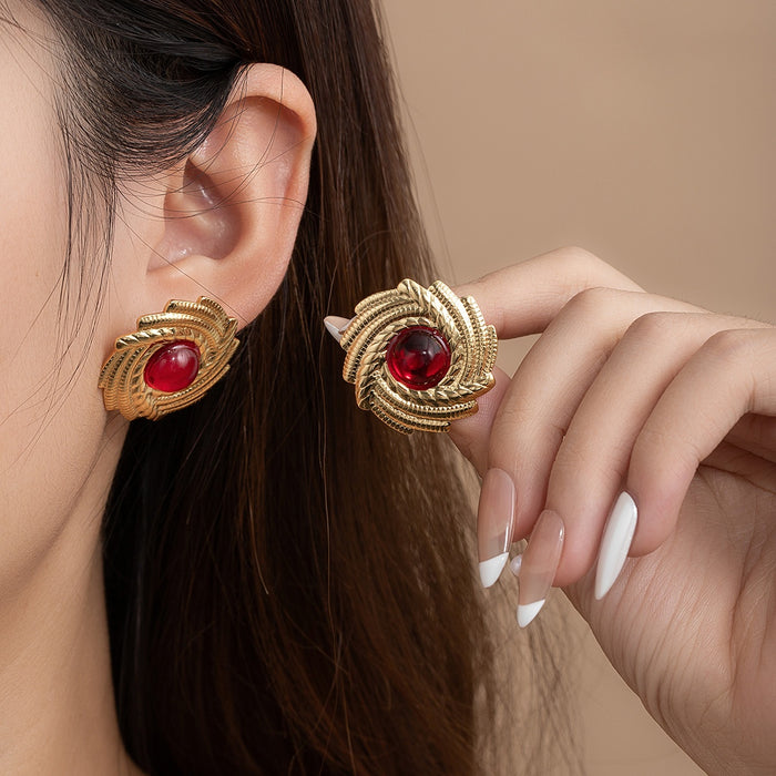 Vintage Gold Alloy Swirl Sunflower Stud Earrings With Red Crystal Center, Elegant Luxury Women's Earrings