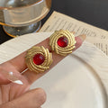 Vintage Gold Alloy Swirl Sunflower Stud Earrings With Red Crystal Center, Elegant Luxury Women's Earrings view 3