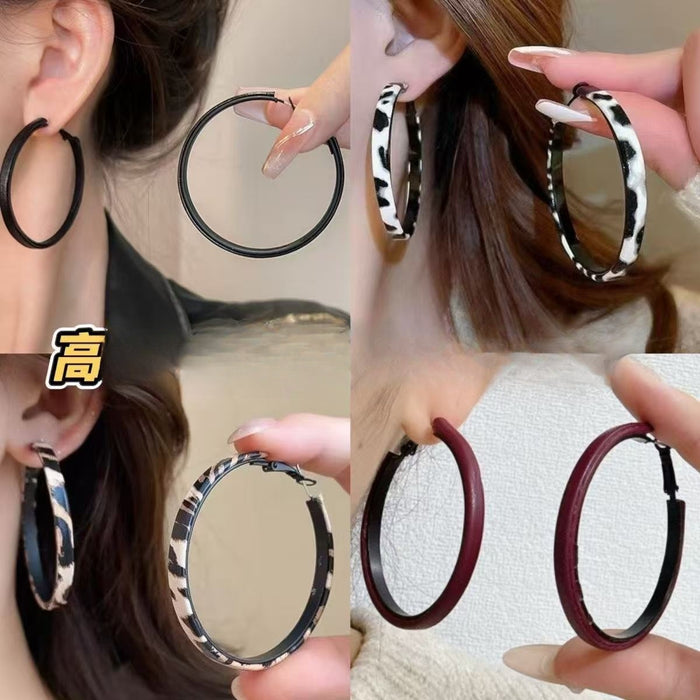 Maillard Retro Leopard Print Flocked Leather Geometric Round Hoop Earrings With Silver Pins