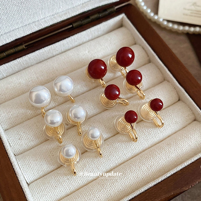 Faux Pearl Round Geometric French Court Style Clip-on Earrings, Elegant Light Luxury Ear Drops