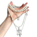 Light Luxury Faux Baroque Pearl Beaded Rhinestone Cross Layered Sweater Necklace view 5