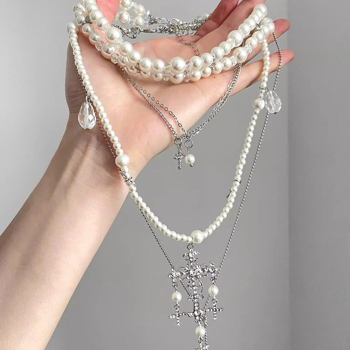 Light Luxury Faux Baroque Pearl Beaded Rhinestone Cross Layered Sweater Necklace