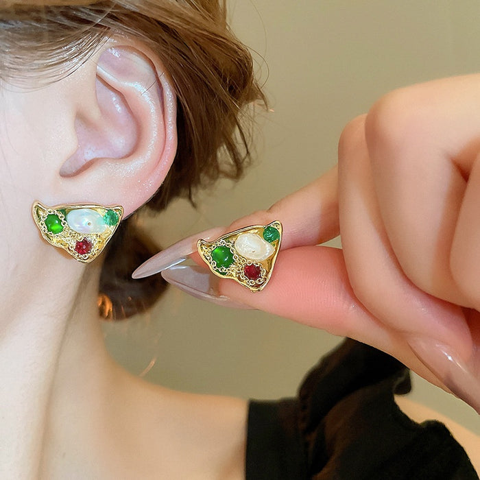 French Court Style Irregular Triangle Crystal Pearl Stud Earrings With Silver Pins