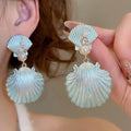 Silver Pin Rhinestone Pearl Shell Geometric Drop Earrings Light Luxury Beach Vacation Style view 1