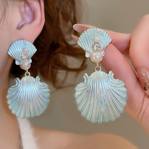 Silver Pin Rhinestone Pearl Shell Geometric Drop Earrings Light Luxury Beach Vacation Style