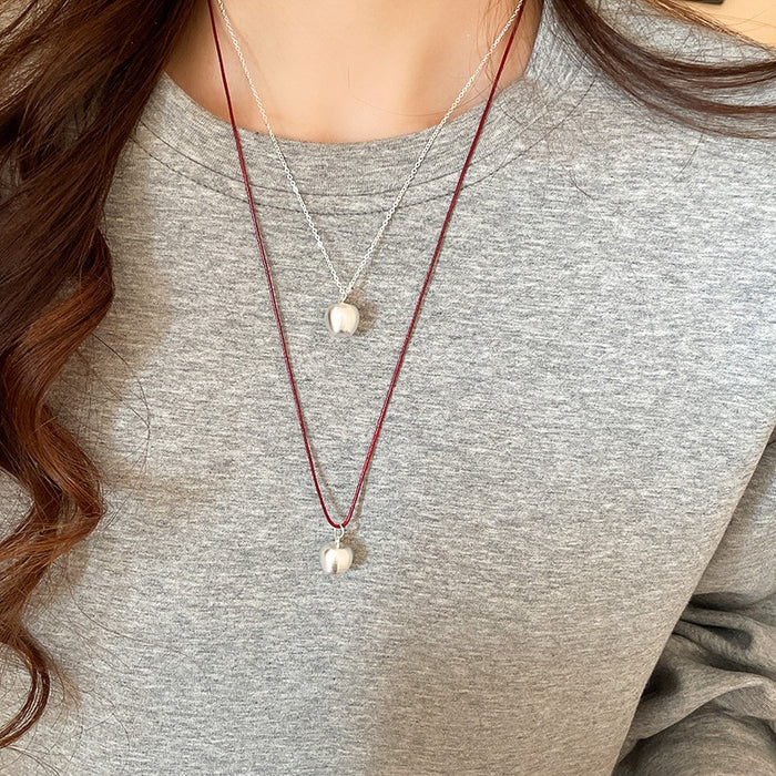Korean Style Leather Cord Brushed Apple Adjustable Sweater Necklace Minimalist Clavicle Chain