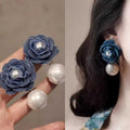 Vintage Hong Kong Style Denim Fabric Flower Pearl Pendant Drop Earrings With Silver Needle view 2