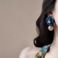 Vintage Hong Kong Style Denim Fabric Flower Pearl Pendant Drop Earrings With Silver Needle view 4