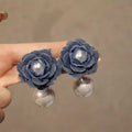 Vintage Hong Kong Style Denim Fabric Flower Pearl Pendant Drop Earrings With Silver Needle view 1