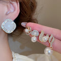 Light Luxury Faux Pearl Round Rhinestone Pendant Drop Earrings With Silver Posts view 2