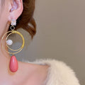 Vintage Silver Post Zircon Acrylic Pearl Teardrop Drop Earrings With Geometric Round Design view 3