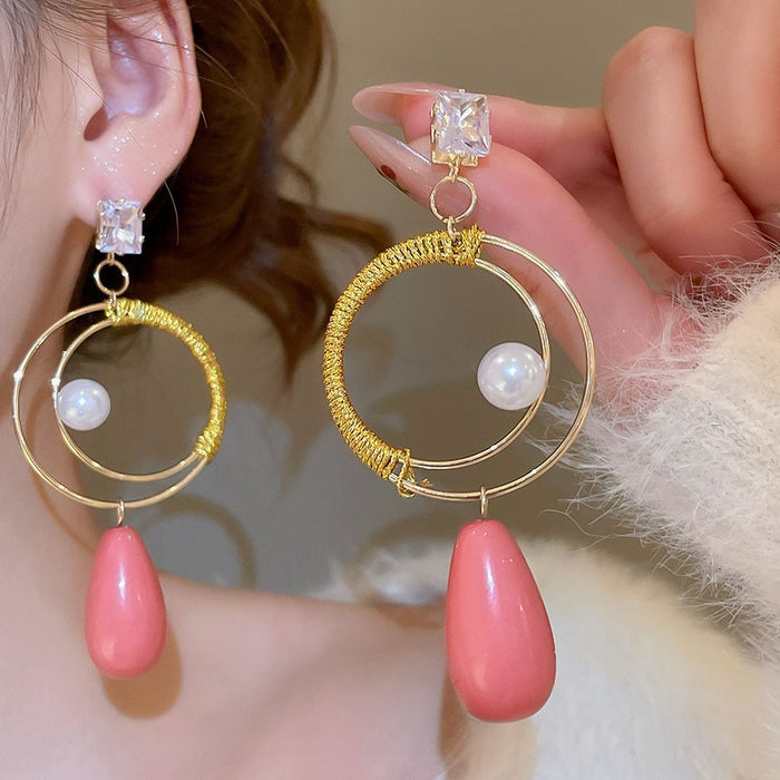 Vintage Silver Post Zircon Acrylic Pearl Teardrop Drop Earrings With Geometric Round Design