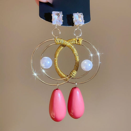 Vintage Silver Post Zircon Acrylic Pearl Teardrop Drop Earrings With Geometric Round Design