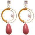 Vintage Silver Post Zircon Acrylic Pearl Teardrop Drop Earrings With Geometric Round Design view 5