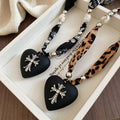 Vintage Maillard Leopard Print Fabric Heart Cross Pendant Choker Necklace For Women view 2