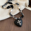 Vintage Maillard Leopard Print Fabric Heart Cross Pendant Choker Necklace For Women view 4