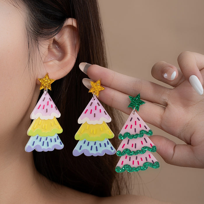 Dopamine Color Acrylic Christmas Tree Star Glitter Sequin Creative Festive Stud Drop Earrings