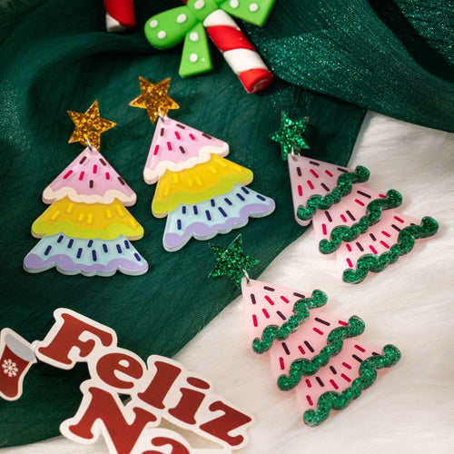 Dopamine Color Acrylic Christmas Tree Star Glitter Sequin Creative Festive Stud Drop Earrings