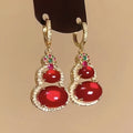 14K Gold Plated Red Resin Gourd Earrings With Sparkling Zircon Vintage Light Luxury Style view 1