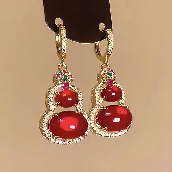 14K Gold Plated Red Resin Gourd Earrings With Sparkling Zircon Vintage Light Luxury Style