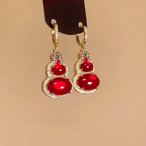 14K Gold Plated Red Resin Gourd Earrings With Sparkling Zircon Vintage Light Luxury Style