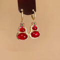 14K Gold Plated Red Resin Gourd Earrings With Sparkling Zircon Vintage Light Luxury Style view 4
