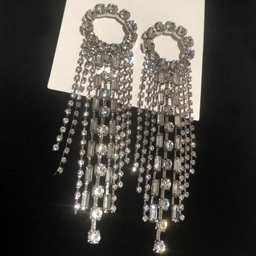 Copper Geometric Round Rhinestone Tassel Drop Earrings With Silver Needle Minimalist Light Luxury Style