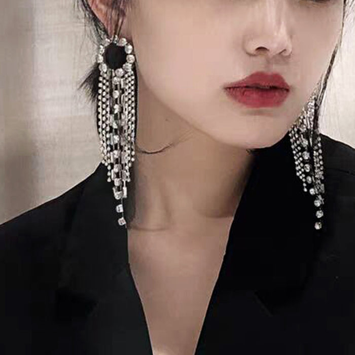 Copper Geometric Round Rhinestone Tassel Drop Earrings With Silver Needle Minimalist Light Luxury Style