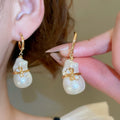 18K Gold Plated Faux Pearl Bowknot Gourd Earrings With Rhinestones French Vintage Jewelry view 4