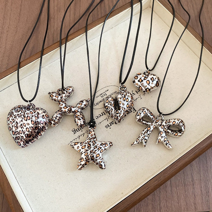 Ethnic Style Wax Cord Necklace With Metal Leopard Heart Star Dog Bow Pendants