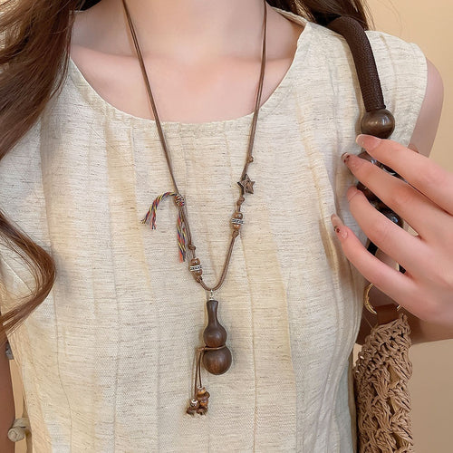 Vintage Ethnic Wood Ceramic Coconut Shell Star Gourd Pendant Sweater Necklace