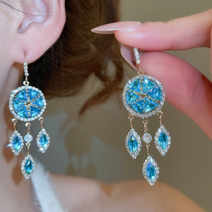 Sparkling Zircon Round Rhombus Tassel French Court Style Drop Earrings