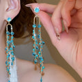 Geometric Rhinestone Inlaid Green Stone Tassel Crystal Long Stud Earrings For Women view 2
