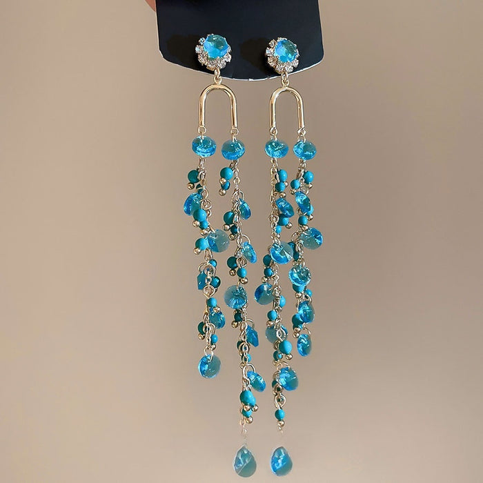 Geometric Rhinestone Inlaid Green Stone Tassel Crystal Long Stud Earrings For Women