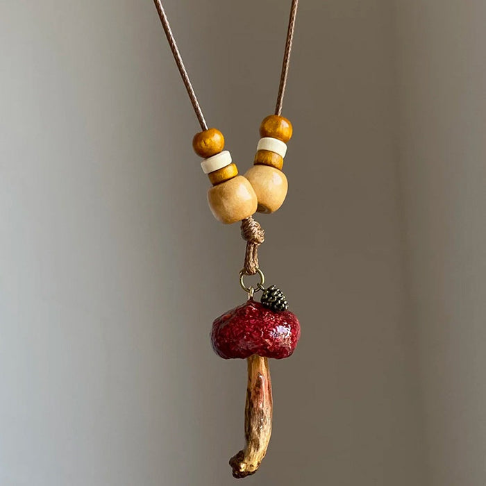 Cute Cartoon Mushroom Pendant Cord Wood Bead Sweater Necklace Round Geometric Vacation Style For Women