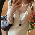 Maillard Vintage Wooden Heart Bamboo Sweater Necklace Ethnic Minimalist Fall Winter Pendant view 3