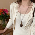 Maillard Vintage Wooden Heart Bamboo Sweater Necklace Ethnic Minimalist Fall Winter Pendant view 1