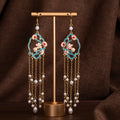 Vintage Enamel Flower Pearl Tassel Drop Elegant Alloy Palace Style Long Chain Dangle Earrings view 2