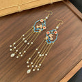 Vintage Enamel Flower Pearl Tassel Drop Elegant Alloy Palace Style Long Chain Dangle Earrings view 4
