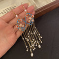 Vintage Enamel Flower Pearl Tassel Drop Elegant Alloy Palace Style Long Chain Dangle Earrings view 3