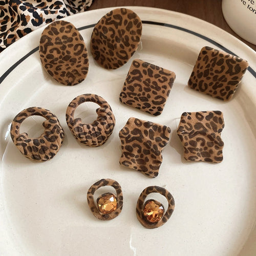 Vintage Ethnic Leopard Print Flocked Fabric Geometric Pleated Pendant Drop Earrings