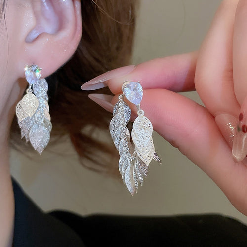 Chic Copper Zircon Hollow Leaf Tassel Drop Earrings With Silver Needle Geometric Design