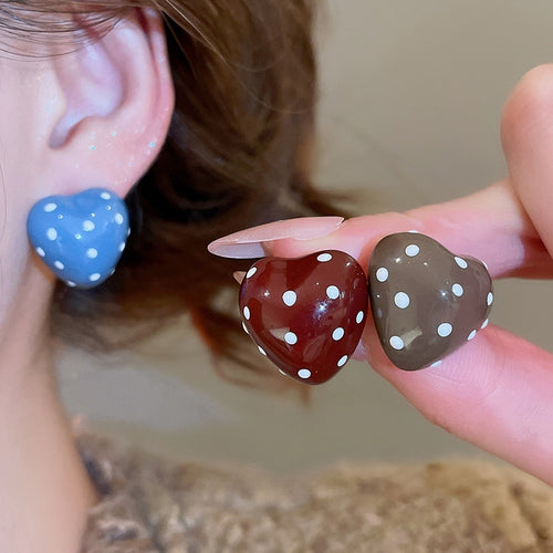 Alloy Silver Needle Enamel Polka Dot Heart Stud Earrings For Women Vintage Sweet Commuter Style