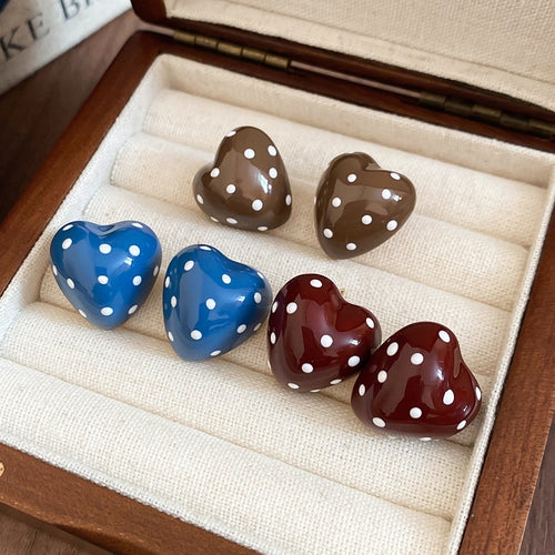 Alloy Silver Needle Enamel Polka Dot Heart Stud Earrings For Women Vintage Sweet Commuter Style