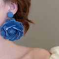 Denim Fabric Rose Flower Pearl Stud Earrings For Women Retro OL Statement Geometric Design view 4